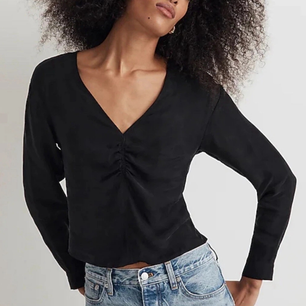 NWT Madewell Black Brushed Ruched-Front Long Sleeve Blouse, Size 0